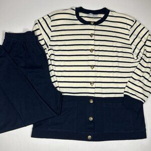 Vtg Eccobay Women Pants Suit Set 2pc Striped Blue Cream Nautical Gold Buttons L